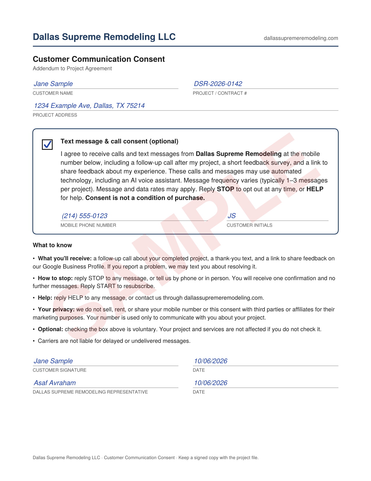 Sample Dallas Supreme Remodeling Customer Communication Consent form